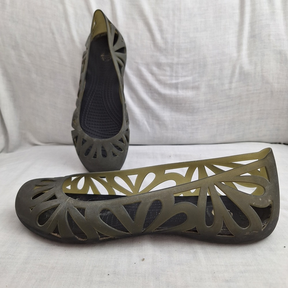 Y2K Whimsigoth Crocs Olive Green Size 9 Adrina Flat II Jelly Ballet Shoes Women